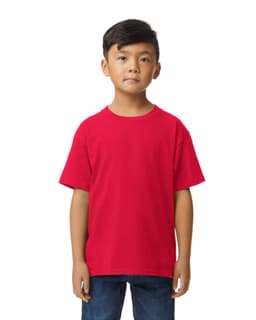 A red midweight youth T-shirt displayed on a child, featuring a plain design and a logo.
