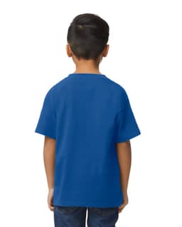 A blue midweight youth T-shirt displayed on a boy, featuring a logo on the front.