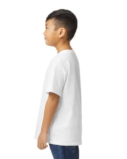 A white youth midweight t-shirt, displayed from the back, worn by a child wearing blue jeans. The shirt has a logo.