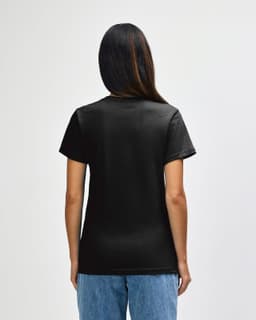 A black midweight t-shirt designed for ladies, featuring a simple back view. It has a logo on the lower back.