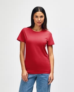 A red Gildan Softstyle ladies midweight T-shirt, featuring a classic crew neck and short sleeves.