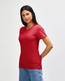A red midweight T-shirt for ladies, featuring short sleeves and a classic fit, with a logo present.