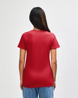 A red Gildan Softstyle ladies midweight t-shirt displayed from the back, featuring a fitted design and short sleeves.