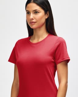 A red midweight T-shirt for ladies, featuring a classic crew neck and a simple logo.
