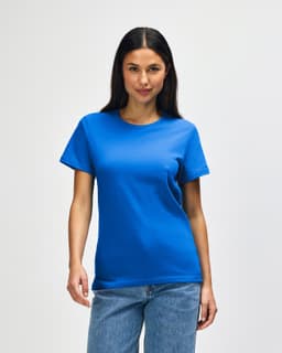 A blue midweight T-shirt for ladies displayed on a model, featuring short sleeves and a round neckline.