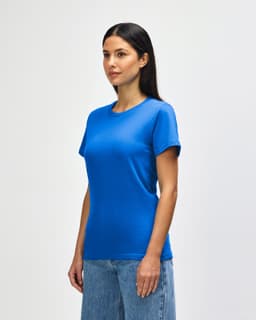 A blue midweight ladies' T-shirt featuring a round neckline and short sleeves, displayed by a smiling model.