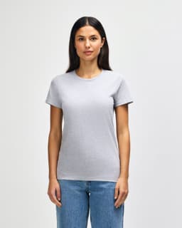 A midweight grey ladies' t-shirt with a classic crew neckline and short sleeves. Features a logo.