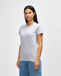 A grey midweight T-shirt for ladies, featuring short sleeves and a fitted silhouette. It includes a logo.
