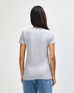 A grey ladies' midweight T-shirt with short sleeves and a fitted style, featuring a logo on the back.