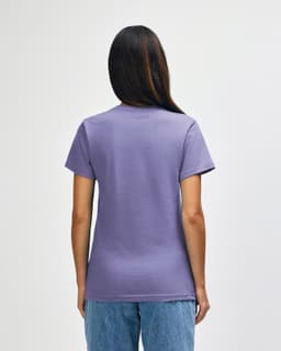 A midweight women's t-shirt in lavender, featuring a back view with short sleeves and a fitted silhouette.