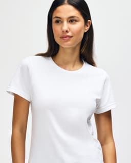 A white midweight t-shirt for ladies, featuring a round neckline and short sleeves, with a small logo present.