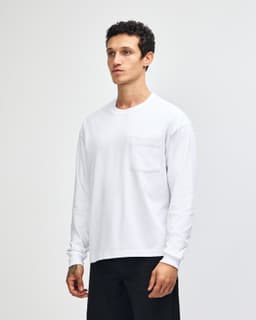 A light grey long-sleeve T-shirt with a single chest pocket, featuring a brand logo on the shirt.