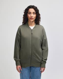 A unisex bomber jacket in olive green featuring a zip front and a side pocket. It has a branding logo.
