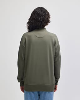 An olive green unisex bomber jacket featuring a relaxed fit and ribbed cuffs, viewed from the back.