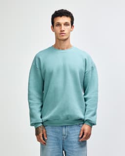 A unisex crewneck sweatshirt in a soft green hue, featuring long sleeves and relaxed fit. Contains branding.