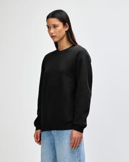 A black unisex crewneck sweatshirt with a relaxed fit and ribbed cuffs. It features a branding logo.
