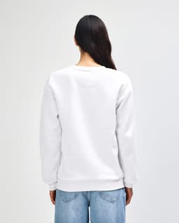 A unisex crewneck sweatshirt in white, featuring a simple design and a branded logo.