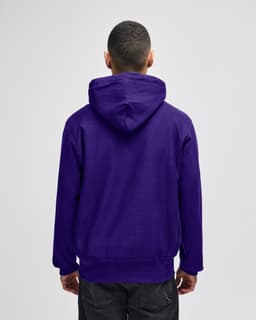 A purple hooded sweatshirt with a kangaroo pocket and a hood, featuring a logo on the back.