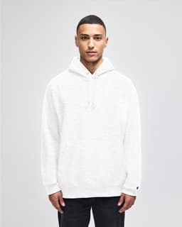 A grey pullover hooded sweatshirt with a front pocket and a logo on the sleeve.