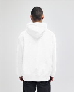 A white pullover hooded sweatshirt with a kangaroo pocket, featuring a branding logo on the back.