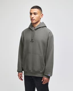 A grey adult pullover hooded sweatshirt with a front pocket and a small logo on the sleeve.