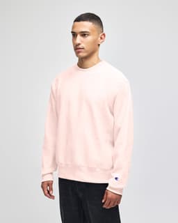 A grey Champion Reverse Weave® adult crew sweatshirt is displayed on a model in a neutral setting.
