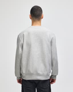 A grey Champion Reverse Weave® adult crew sweatshirt viewed from the back, featuring a simple design and a logo.