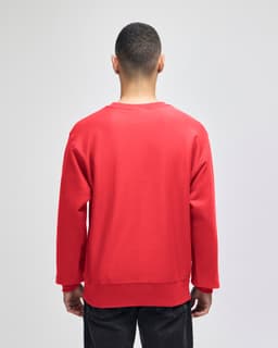 A red Champion Reverse Weave® adult crew sweatshirt displayed from the back, featuring a simple design and branding.