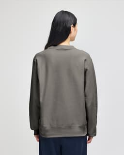 A grey sweatshirt with a crew neckline and a logo on the back, featuring long sleeves and a relaxed fit.