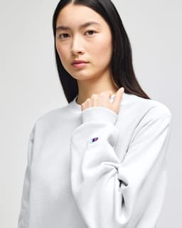 A light grey Champion Reverse Weave® adult crew sweatshirt with a logo on the sleeve.