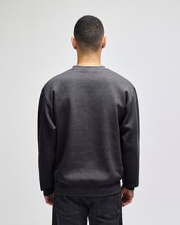 A grey Champion Powerblend® adult crewneck sweatshirt viewed from the back, featuring a logo.
