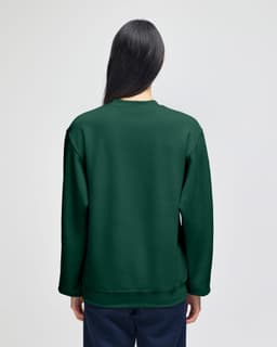 An olive green crewneck sweatshirt viewed from the back, featuring a relaxed fit and long sleeves.