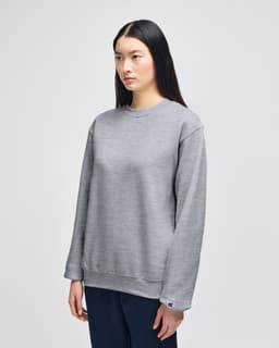 A grey adult crewneck sweatshirt on a model, featuring long sleeves and a logo on the sleeve.