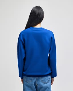 A blue crewneck sweatshirt is displayed from the back, featuring long sleeves and a simple design.