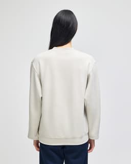A light grey crewneck sweatshirt with a relaxed fit, featuring long sleeves and a simple design.