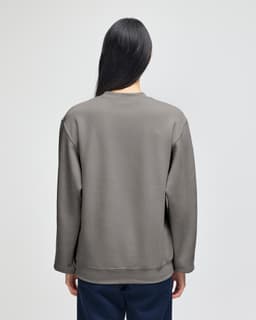 A grey adult crewneck sweatshirt, featuring a simple design and a logo on the back.