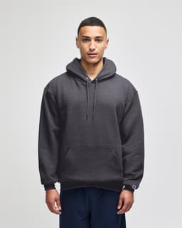 A dark grey hooded sweatshirt with a front pocket and a logo on the sleeve.