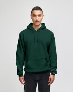 A green pullover hooded sweatshirt with a front pocket, worn by a model against a light background.