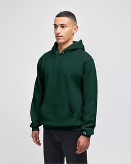 An olive green pullover hooded sweatshirt with a front pocket, featuring a logo on the sleeve.