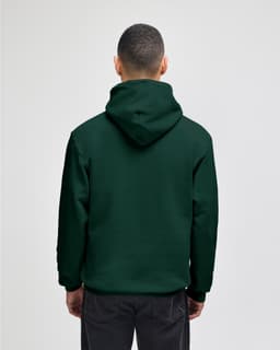 A hooded sweatshirt in olive green, featuring a logo and a relaxed fit, viewed from the back.