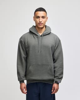 A hooded sweatshirt in a dark green colour, featuring a front pocket and a branded logo.