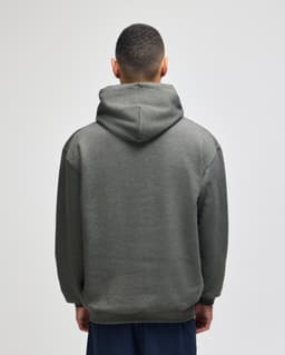 A grey pullover hooded sweatshirt seen from the back, featuring a simple design and a hood.