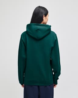 A green pullover hooded sweatshirt with a spacious hood, shown from the back. Features a logo on the garment.