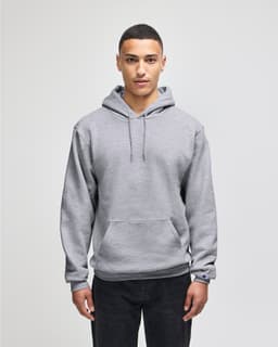 A grey pullover hooded sweatshirt with a front pocket and a logo on the sleeve.