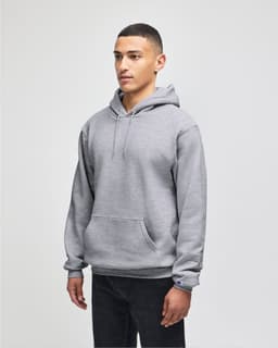 A grey pullover hooded sweatshirt with a front pocket and a logo on the sleeve.