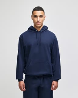 A navy blue adult pullover hooded sweatshirt with a front pocket and a drawstring hood.