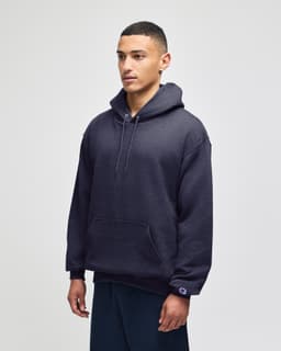 A dark navy pullover hooded sweatshirt with a front pocket and logo on the sleeve.