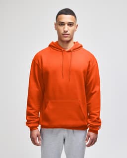 A bright orange pullover hooded sweatshirt with a front pocket and an attached hood. It features a logo.