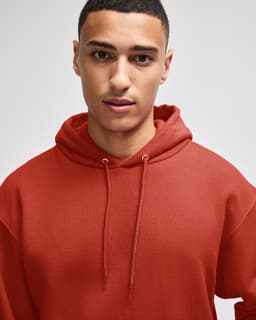 A hooded sweatshirt in a rusty red colour, featuring a relaxed fit and a drawstring hood. It has a logo on the front.