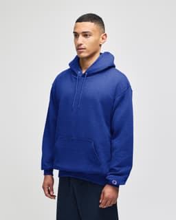 A blue pullover hooded sweatshirt with a front pocket and a logo on the sleeve.